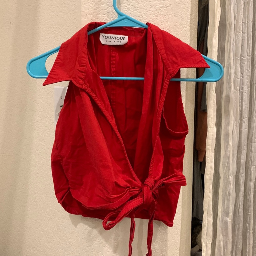 Vintage younique clothing tie front collard red crop top